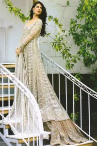 Beige Bridal Frock - Dupatta - Light Brown Back Trail Lehenga