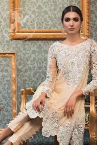 Party Wear Dress - Light Peach Short Frock - Cigarette Pants