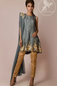 Gray Short Frock - Dupatta - Golden Cigarette Pants
