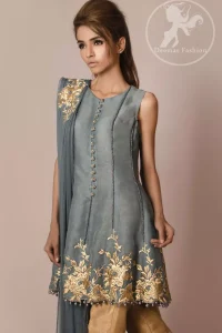 Gray Short Frock - Dupatta - Golden Cigarette Pants