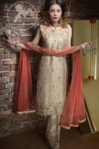 Beige Formal Shirt - Bell Bottom - Coral Pink Dupatta