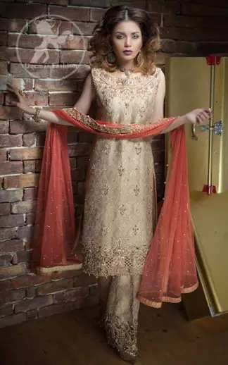 Beige Formal Shirt - Bell Bottom - Coral Pink Dupatta