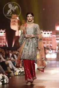 Grayish Green Short Shirt - Red Trousers - Peach Dupatta