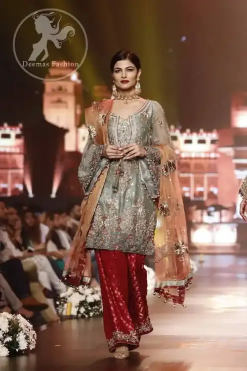 Grayish Green Short Shirt - Red Trousers - Peach Dupatta