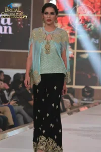 Designer Dress 2017 - Light Blue Party Wear Cape - Black Embroidered Palazzo