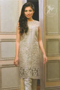 Light Fawn Party Wear Embroidered Shirt - Jamawar Cigarette Pants