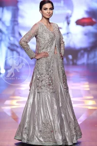 Bridal Collection - Silver Gray Front Open Gown - Embellished Lehenga