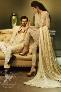 Beige Heavy Shirt - Cigarette Pants - Embroidered Dupatta