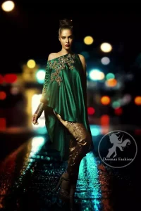 Bottle Green Formal Cape - Golden Cigarette Pants - Dupatta