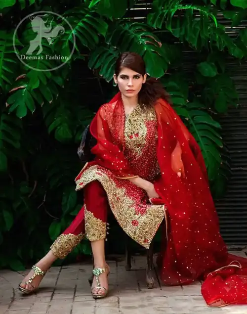 Bright Red Formal Shirt - Embroidered Capri Pants