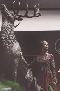 Bright Red Party Wear Embroidered Back Trail Maxi