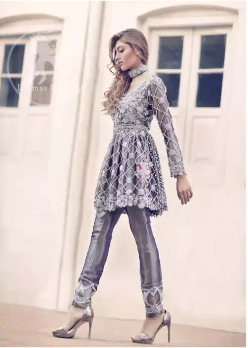 Dark Gray Silky Short Frock - Cigarette Pants