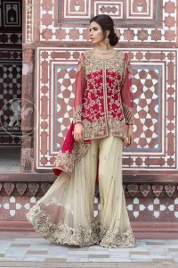 Deep Red Front Open Short Shirt - Beige Sharara
