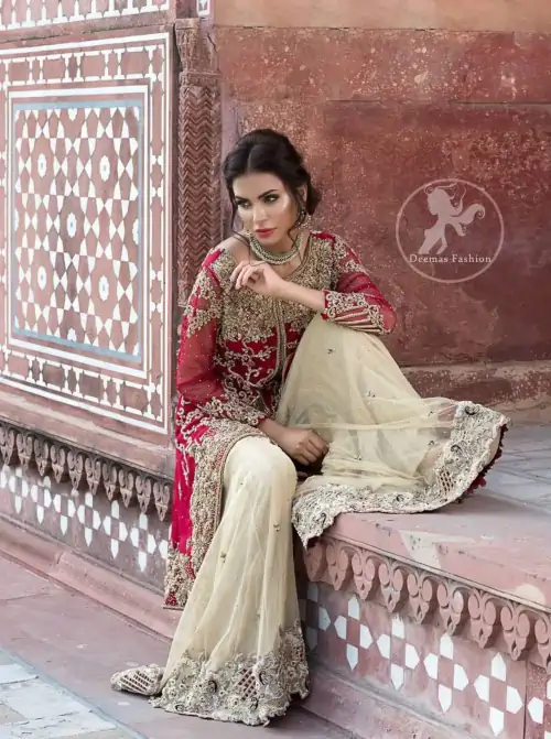 Deep Red Front Open Short Shirt - Beige Sharara