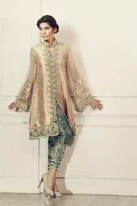 Pale Peach Front Open Gown - Gray Embroidered Capri Pants