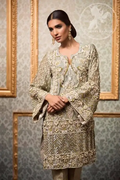 Gray Embroidered Short Shirt - Jamawar Cigarette Pants