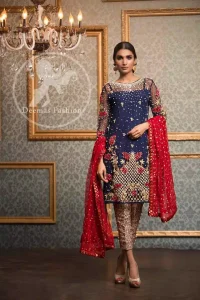 Dark Blue Shirt - Fawn Brocade Cigarette Pants - Red Dupatta
