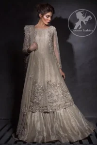 Light Fawn ALine Bridal Frock - Lehenga -Embroidered Dupatta