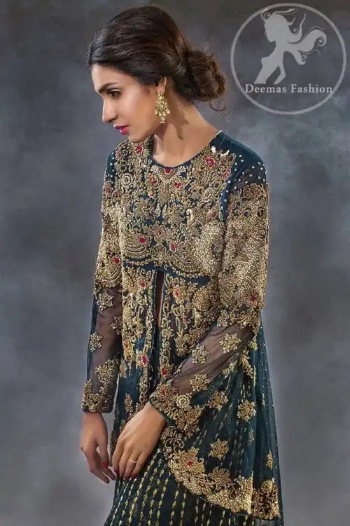 Dark Teal Back Trail Front Open Short Frock -Jamawar Sharara