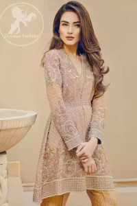 Light Brown Short Frock – Jamawar Bell Bottom Pants