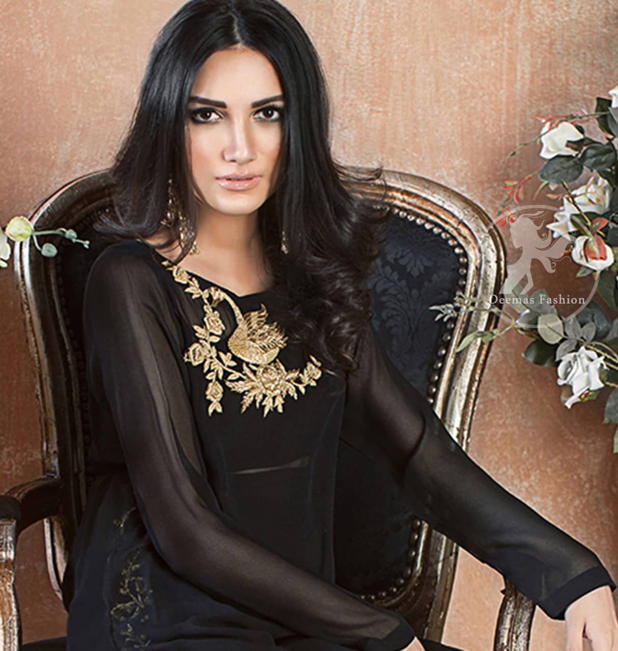A must have creation for day to evening wear. Exhibit elegance in this black straight shirt enhanced with antique kora and dabka embroidery adorned with Swarovski crystals and zardozi. This shirt is made up of chiffon fabric and paired up with black raw silk bell bottom. This outfit is coordinated with banarsi jamawar dupatta.