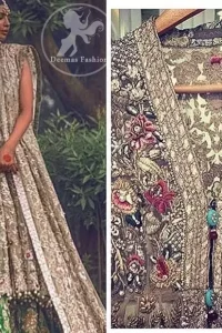 The frock has been adorned with beautiful flourishing embroidery all over the front and back. A work border has been implemented on the hemline Sleeveless. Dangling beaded balls crafted on the hemline. Lehenga contains large embroidered motifs all over. Work includes Kora, dabka, stones, sequins, beads, multiple colour Resham, and Swarovski crystals.