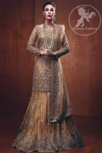 The straight shirt has been adorned with an embellished neckline. The shirt contains embroidered jaal all over. A large embroidered border is implemented at the bottom. Embroidered border implemented at the bottom of the lehenga. Large motifs are scattered all over the lehenga. The bridal dupatta has a four-sided embroidered border with stones sprayed all over it.