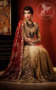 Golden Front Open Back Trail Gown - Bridal Lehenga - Deep Red Dupatta
