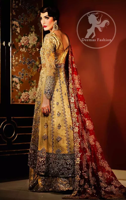 Golden Front Open Back Trail Gown - Bridal Lehenga - Deep Red Dupatta