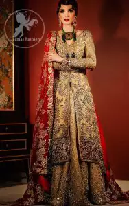Golden Front Open Back Trail Gown - Bridal Lehenga - Deep Red Dupatta