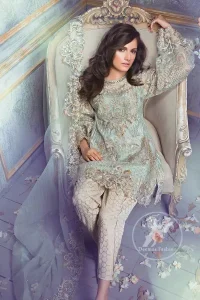 Light Teal Blue Semi Formal Shirt - Embroidered Dupatta - Beige Tulip Pants
