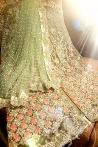 Mint Green Front Open Bridal Gown - Embroidered Dupatta