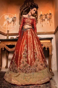 Orange Red Banarsi Bridal Lehenga - Choli
