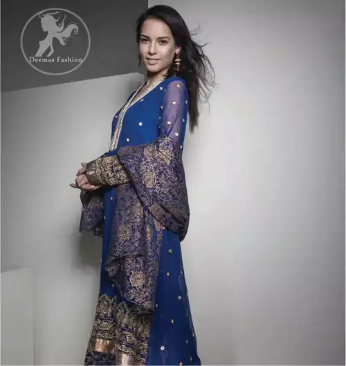 Royal Blue Embroidered Frock has been adorned with an embellished neckline. Frock contains a large embroidered border at the bottom.