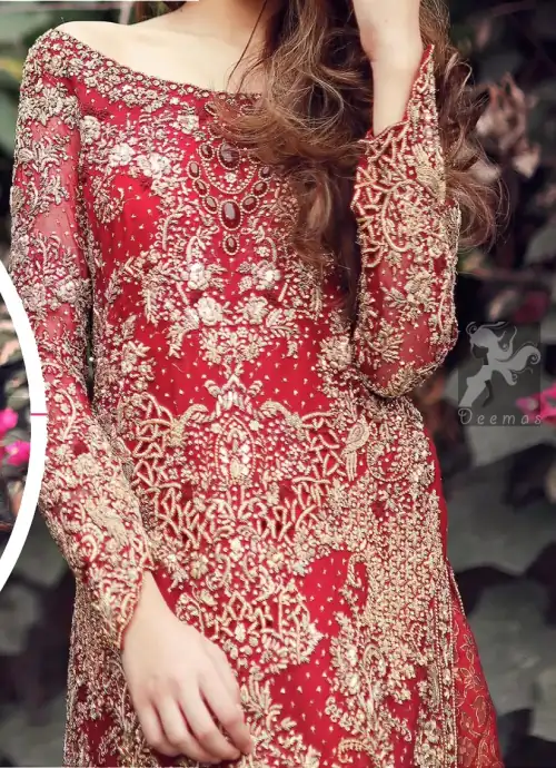 Deep Red Fully Embroidered Shirt. Shirt features beautiful and lovely embellishment all-over the front and border on back hemline. Back