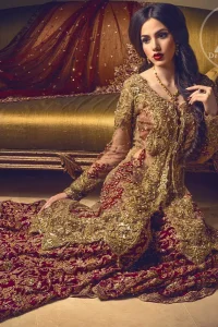 Bridal Wear Sharara - Light Fawn Front Open Gown - Deep Red Sharara