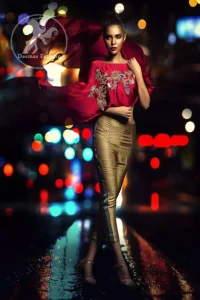 Party Wear Dress - Red Embroidered Cape - Golden Banarsi Cigarette Pants