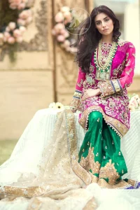 Mehndi Dresses 2017 - Shocking Pink Shirt - Bottle Green Sharara - Beige Dupatta