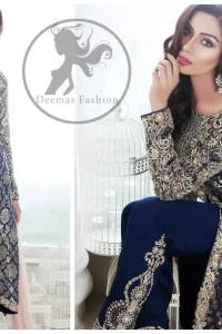 Navy Blue Front Open Back Trail Gown - Embroidered Cigarette Pants