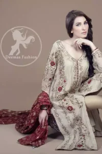 Off White Front Open Shirt - Golden Trouser - Maroon Jamawar Dupatta
