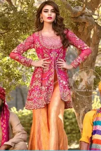 Shocking Pink Embroidered Short Frock - Orange Bell Bottom Pants