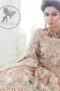 Pakistani Bridal Dress 2017 - Light Fawn Back Trail Frock - Peach Jamawar Lehenga