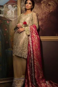 Light Fawn Short Shirt - Embroidered Trousers - Deep Pink Jamawar Shawl