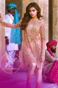 Peach Pink Party Wear Short Shirt - Embroidered Cigarette Pants