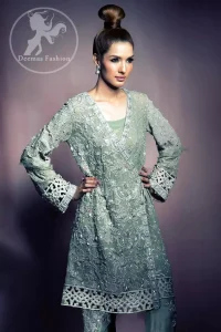 Pistachio Green Angrakha Style Short Shirt - Embroidered Cigarette Pants