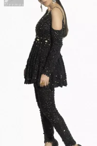 Black Peplum Dress with Trousers and Black Embellishment
