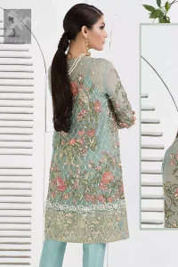 Cascade embroidered chiffon without slits shirt adorned with colorful embellishment. Shirt comes with Opal raw silk trousers and pure crinkle chiffon dupatta.