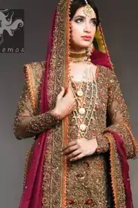 Dark brown heavily embellished back train maxi having rust piping with multiple colour embellishment on lehenga and pinkish red bridal dupatta having antique shades of embellishment all over the dress.