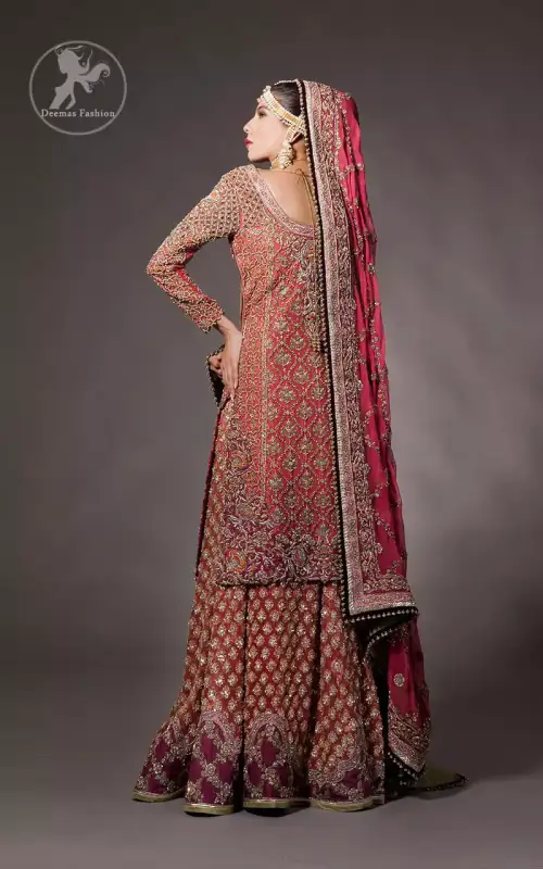 Tea rose fully embellished shirt with plum applique border on hemline. Plum dupatta adorned with tea rose and silver appliques