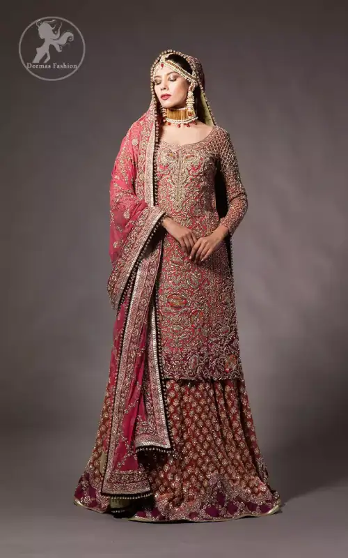 Tea rose fully embellished shirt with plum applique border on hemline. Plum dupatta adorned with tea rose and silver appliques